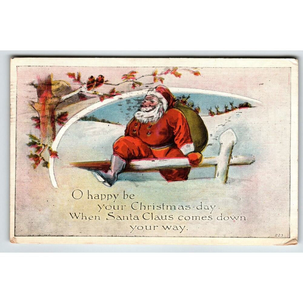 Christmas Postcard Santa Claus Climbs Over Fence Birds Tree Branches 1920 no 241
